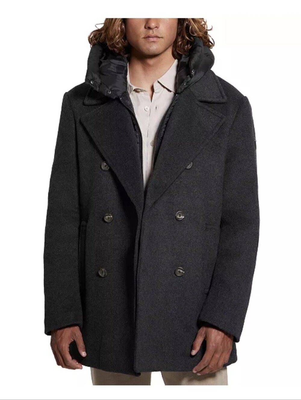 GUESS Men's Black Wool Blend Jeff DB Hooded Quilted Peacoat Size XL NWT $350